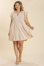 Load image into Gallery viewer, Umgee Oatmeal Linen Blend Tiered Dress with Ruffled Sleeves Dresses Umgee   
