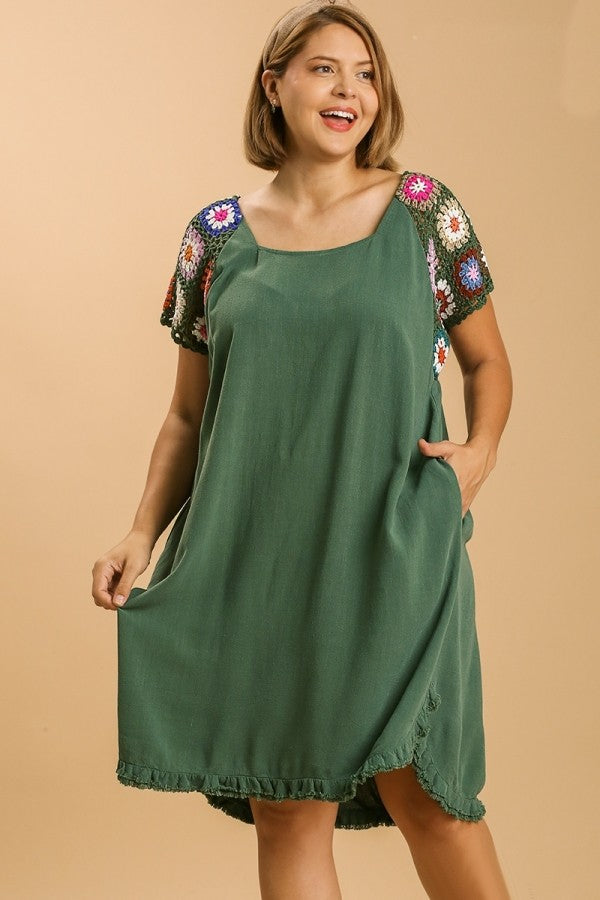 Umgee Forest Green Linen Blend Dress with Colorful Crocheted Sleeves Dresses Umgee   