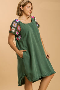 Umgee Forest Green Linen Blend Dress with Colorful Crocheted Sleeves Dresses Umgee   