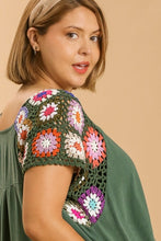 Load image into Gallery viewer, Umgee Forest Green Linen Blend Dress with Colorful Crocheted Sleeves Dresses Umgee   
