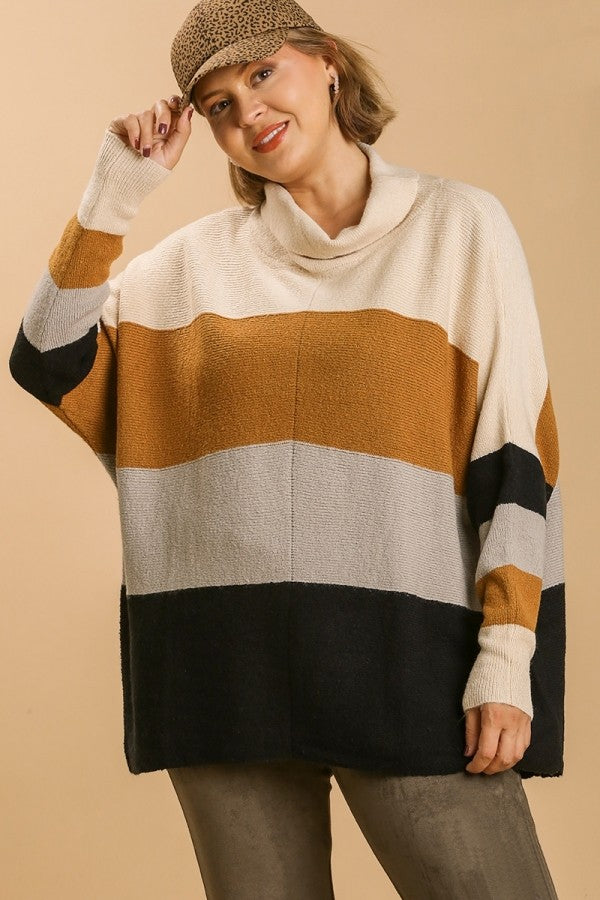 Umgee Color Block Turtle Neck Pullover Sweater in Black Mix Sweaters Umgee   