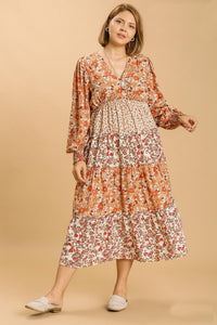 Umgee V Neck Tiered Floral Print Midi Dress in Sand Mix Dresses Umgee   