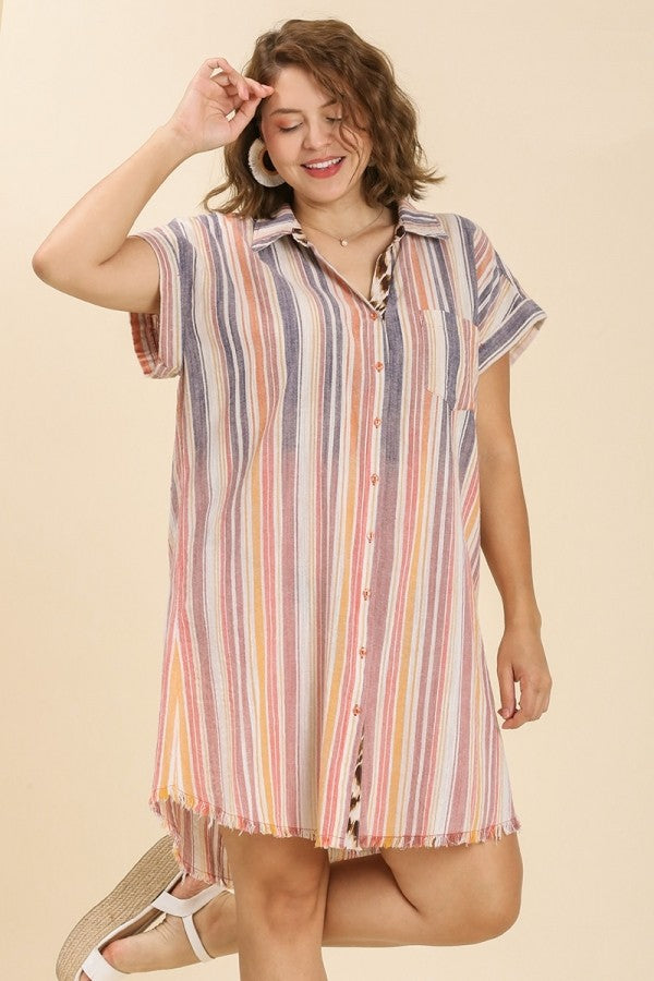 Umgee Bleached Striped Button Down Shirt Dress