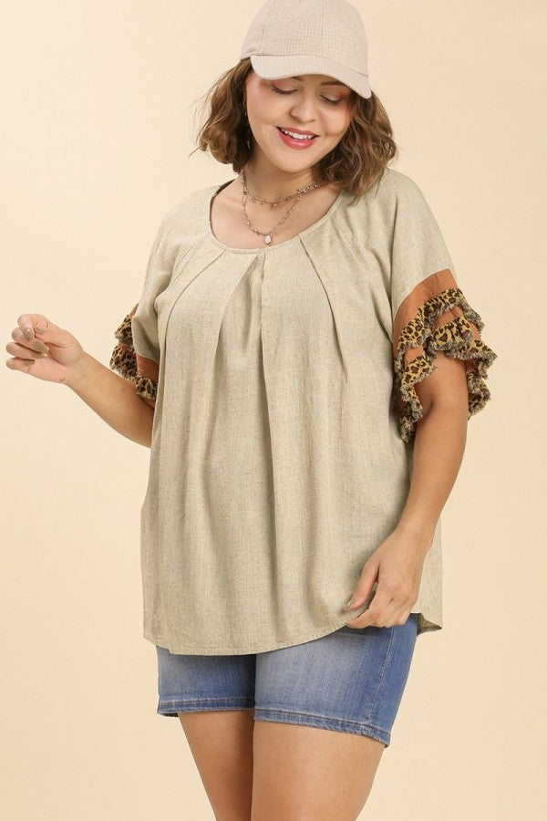 Umgee Linen Blend Pleated Top with Ruffle Animal Print Sleeves in Oatmeal Top Umgee   