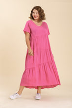 Load image into Gallery viewer, Umgee V-Neck Short Sleeve Maxi Tiered Dress in Hot Pink Dress Umgee   
