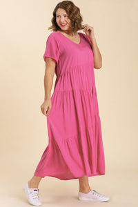 Umgee V-Neck Short Sleeve Maxi Tiered Dress in Hot Pink Dress Umgee   