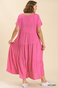 Umgee V-Neck Short Sleeve Maxi Tiered Dress in Hot Pink Dress Umgee   