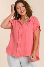 Load image into Gallery viewer, Umgee Short Sleeve Collared Button Up Top with Frayed Hem in Coral Pink Top Umgee   
