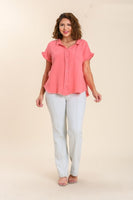 Umgee Short Sleeve Collared Button Up Top with Frayed Hem in Coral Pink Top Umgee   