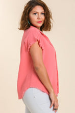 Load image into Gallery viewer, Umgee Short Sleeve Collared Button Up Top with Frayed Hem in Coral Pink Top Umgee   
