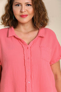 Umgee Short Sleeve Collared Button Up Top with Frayed Hem in Coral Pink Top Umgee   
