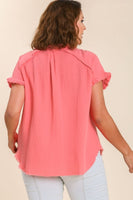Umgee Short Sleeve Collared Button Up Top with Frayed Hem in Coral Pink Top Umgee   