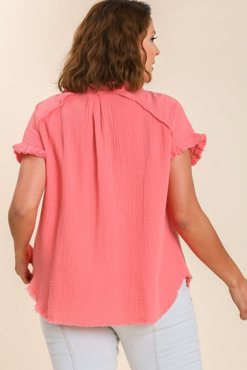 Umgee Short Sleeve Collared Button Up Top with Frayed Hem in Coral Pink Top Umgee   