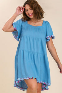 Umgee Dress with Square Neckline and Floral Print Details in Denim Blue Color Dress Umgee   