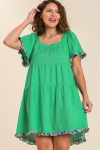 Umgee Dress with Square Neckline and Floral Print Details in Lime Green Dress Umgee   
