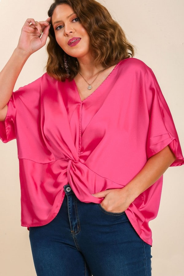 Umgee Satin Top with Front Knot in Hot Pink Top Umgee   