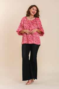Umgee Printed Top with Puff Sleeves in Rose Pink Mix Top Umgee   