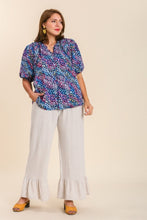 Load image into Gallery viewer, Abstract Print Split Neck Puff Sleeve Top with Ruffle Trim Detail in Navy Mix Top Umgee   
