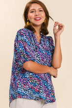 Load image into Gallery viewer, Abstract Print Split Neck Puff Sleeve Top with Ruffle Trim Detail in Navy Mix Top Umgee   
