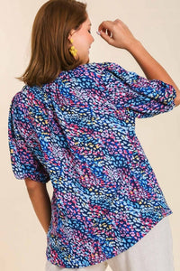 Abstract Print Split Neck Puff Sleeve Top with Ruffle Trim Detail in Navy Mix Top Umgee   