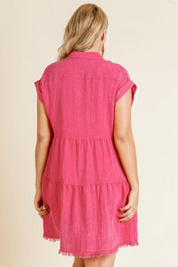Umgee Hot Pink Tiered Dress with Frayed Hem Dresses Umgee   