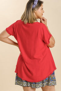 Umgee Linen Frayed Top in Candy Apple FINAL SALE Shirts & Tops Umgee   