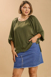 Umgee Washed Satin Top with Half Puff Sleeves in Olive Shirts & Tops Umgee   