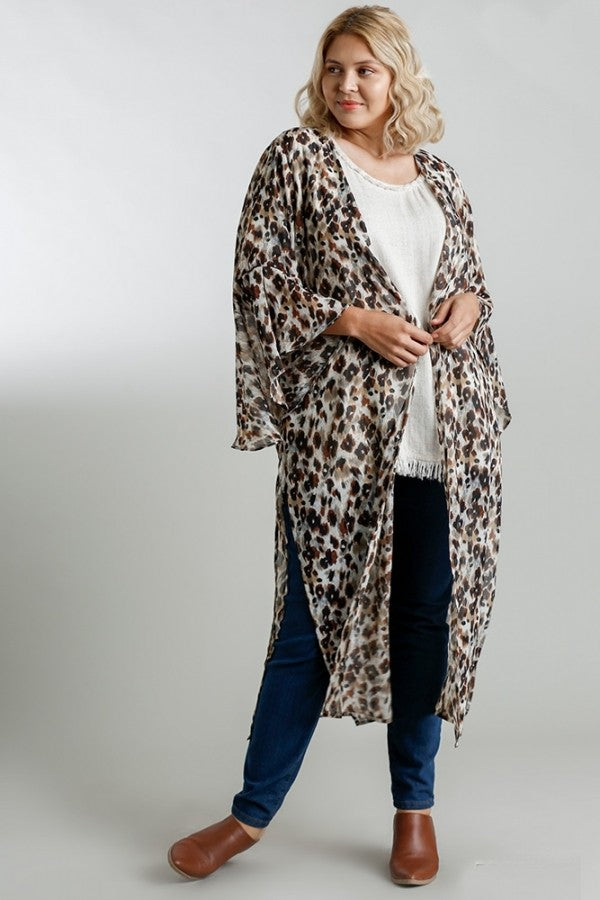 Umgee Animal Print Long Kimono with Metallic Threading in Brown Mix Casual Kimonos Umgee   