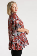 Load image into Gallery viewer, Umgee Brick Floral Print Tunic Top with Ruffled Sleeves Top Umgee   
