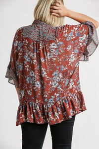 Umgee Brick Floral Print Tunic Top with Ruffled Sleeves Top Umgee   