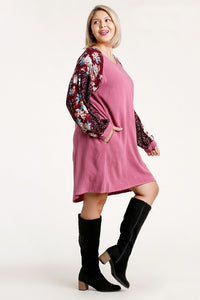 Umgee Berry Linen Blend Dress with Floral and Animal Print Sleeves-FINAL SALE Dresses Umgee   