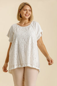 Umgee Linen Blend Top with Lace in Off White  Umgee   