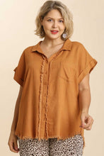 Load image into Gallery viewer, Umgee Linen Blend Top with Button Front and Frayed Trim in Caramel Shirts &amp; Tops Umgee   
