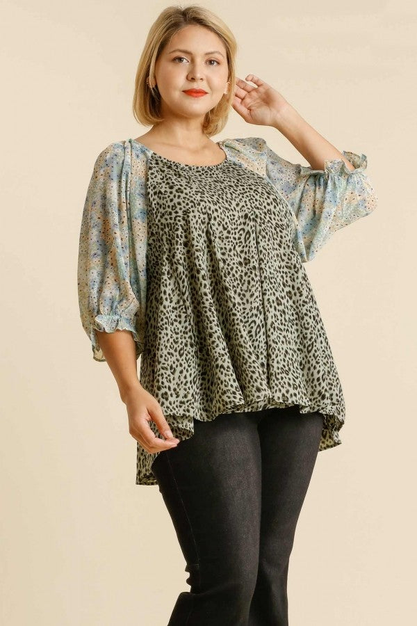 Umgee Floral and Animal Print Top in Dusty Sage Tops Umgee   