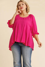 Load image into Gallery viewer, Umgee Top with Elastic Ruffled Cuff Sleeves and Pleated Details in Hot Pink Shirts &amp; Tops Umgee   
