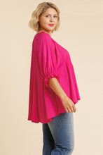 Load image into Gallery viewer, Umgee Top with Elastic Ruffled Cuff Sleeves and Pleated Details in Hot Pink Shirts &amp; Tops Umgee   
