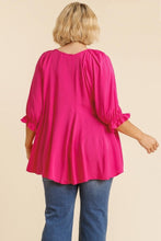 Load image into Gallery viewer, Umgee Top with Elastic Ruffled Cuff Sleeves and Pleated Details in Hot Pink Shirts &amp; Tops Umgee   
