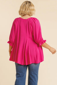 Umgee Top with Elastic Ruffled Cuff Sleeves and Pleated Details in Hot Pink Shirts & Tops Umgee   