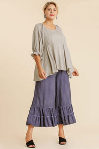 Umgee Top with Elastic Ruffled Cuff Sleeves and Pleated Details in Silver Shirts & Tops Umgee   