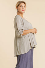 Load image into Gallery viewer, Umgee Top with Elastic Ruffled Cuff Sleeves and Pleated Details in Silver Shirts &amp; Tops Umgee   
