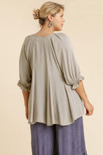 Load image into Gallery viewer, Umgee Top with Elastic Ruffled Cuff Sleeves and Pleated Details in Silver Shirts &amp; Tops Umgee   
