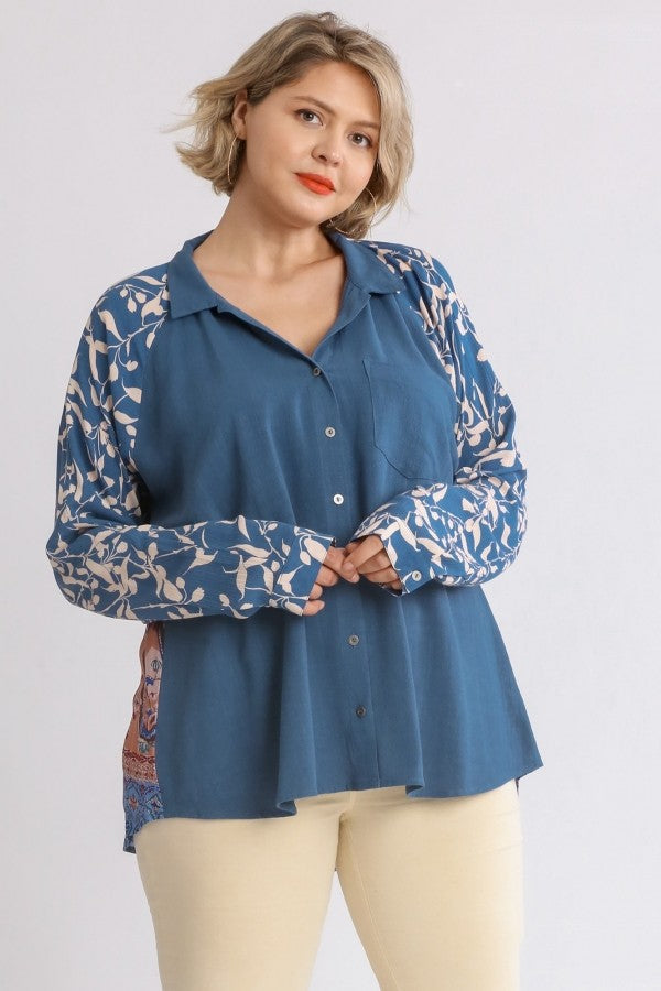 Umgee Button Front Top with Printed Back in Dark Blue Mix  Umgee   