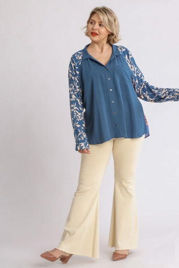 Umgee Button Front Top with Printed Back in Dark Blue Mix  Umgee   