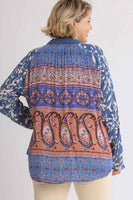Umgee Button Front Top with Printed Back in Dark Blue Mix  Umgee   