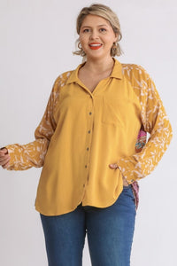 Umgee Button Front Top with Printed Back in Goldenrod Mix  Umgee   