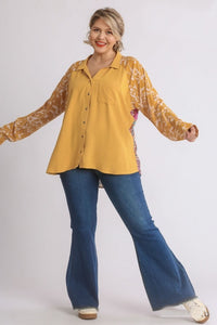 Umgee Button Front Top with Printed Back in Goldenrod Mix  Umgee   