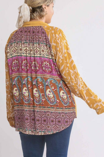Umgee Button Front Top with Printed Back in Goldenrod Mix  Umgee   