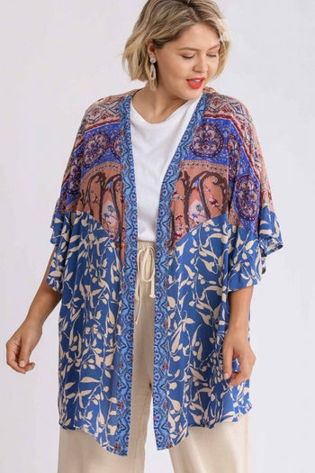 Umgee Mixed Print Kimono in Dark Denim Color Mix  Umgee   