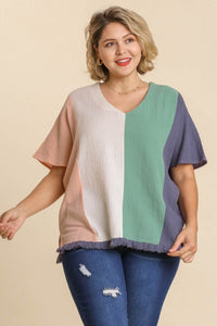 Umgee Vertically Striped Color Block Top in Denim and Pink Shirts & Tops Umgee   