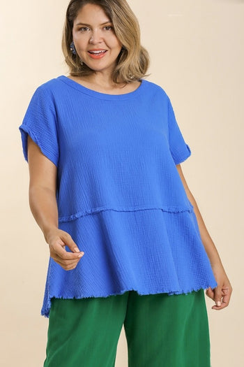 Umgee Gauze Short Sleeve Top in Sapphire Blue FINAL SALE Shirts & Tops Umgee   